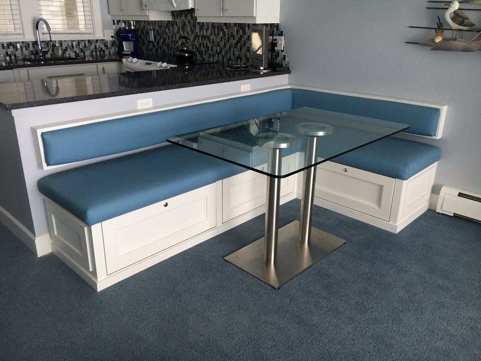 A nice bench seating dining area. This customer picked a beautiful blue that really enhanced the space.